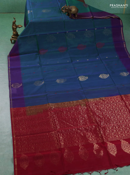 Kora silk cotton saree peacock green and maroon with thread & zari woven buttas and zari woven butta border