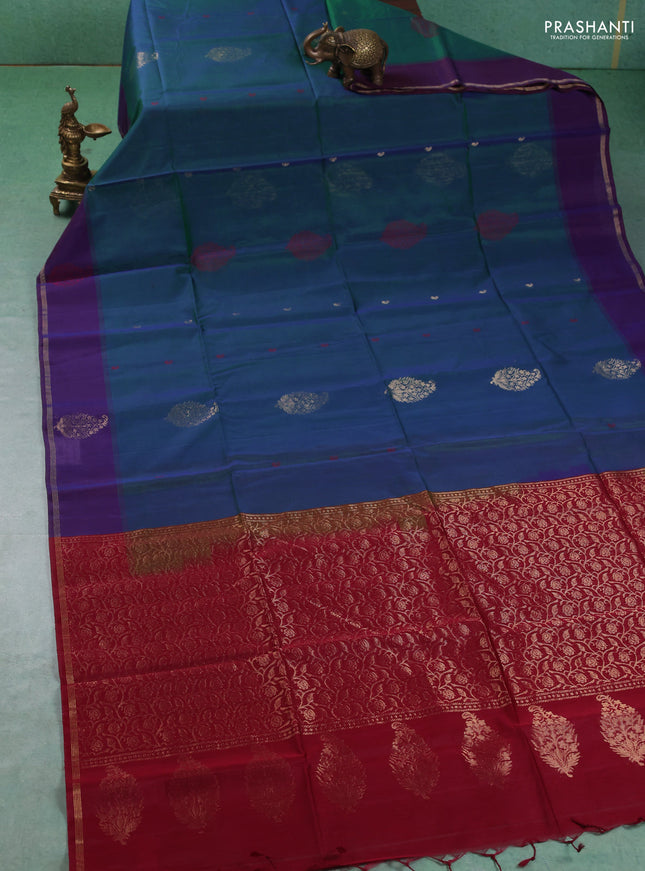 Kora silk cotton saree peacock green and maroon with thread & zari woven buttas and zari woven butta border