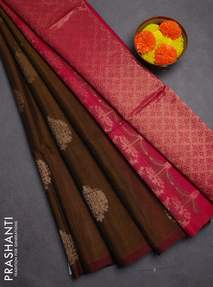 Kora silk cotton saree dark mustard and pink with zari woven buttas and simple border