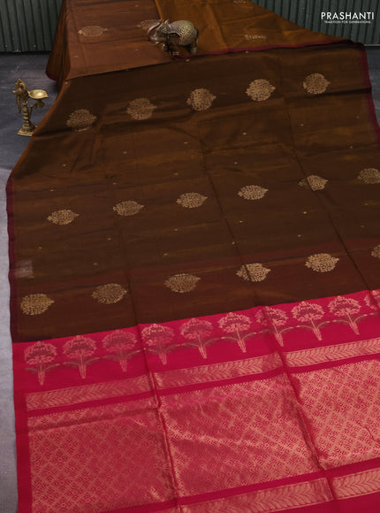 Kora silk cotton saree dark mustard and pink with zari woven buttas and simple border
