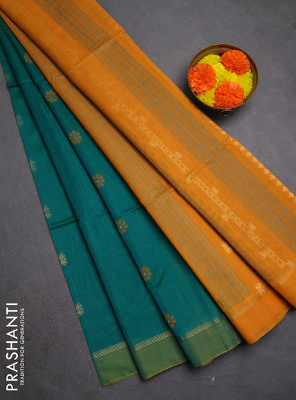 Kora silk cotton saree teal green and mustard yellow with thread & zari woven buttas and zari line simple border