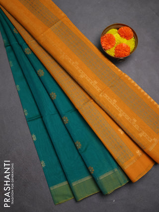 Kora silk cotton saree teal green and mustard yellow with thread & zari woven buttas and zari line simple border