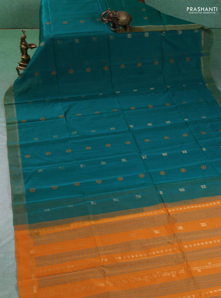 Kora silk cotton saree teal green and mustard yellow with thread & zari woven buttas and zari line simple border