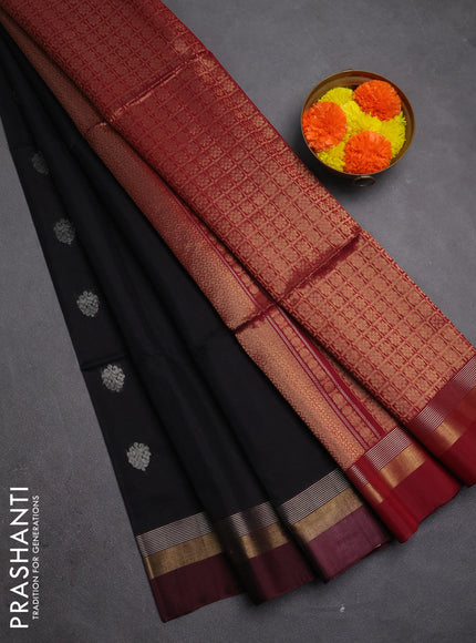 Kora silk cotton saree black and deep maroon with silver & zari woven buttas and zari woven simple border