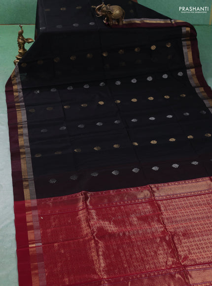 Kora silk cotton saree black and deep maroon with silver & zari woven buttas and zari woven simple border
