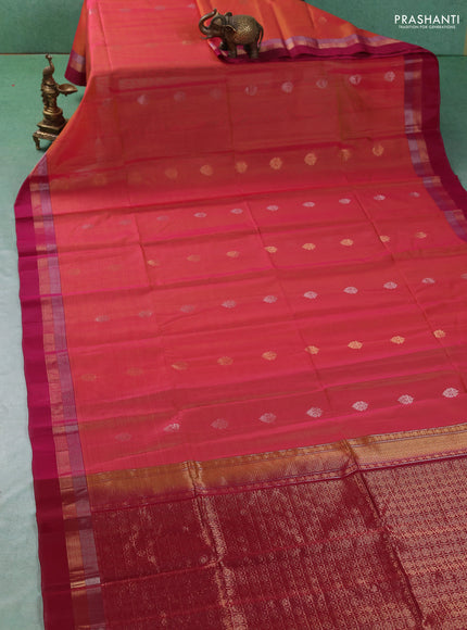 Kora silk cotton saree sunset orange and pink with allover zari woven buttas and zari woven simple border