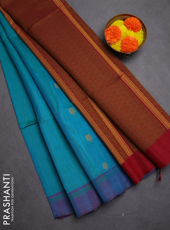 Kora silk cotton saree teal green and maroon with thread woven buttas and simple border