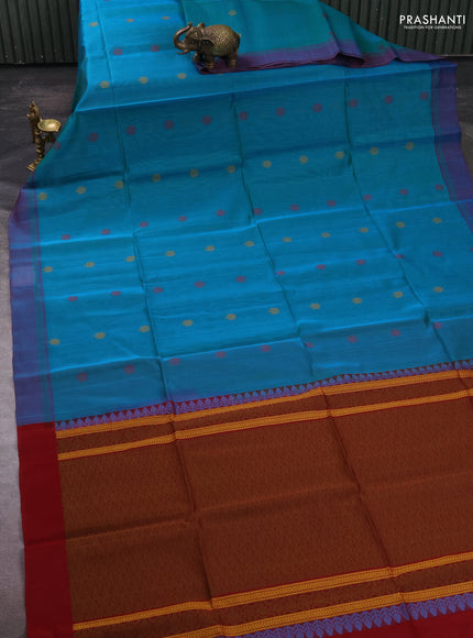 Kora silk cotton saree teal green and maroon with thread woven buttas and simple border