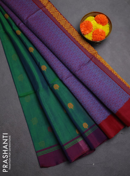Kora silk cotton saree green and purple with thread woven buttas and simple border