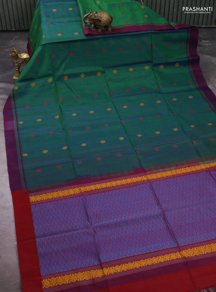 Kora silk cotton saree green and purple with thread woven buttas and simple border