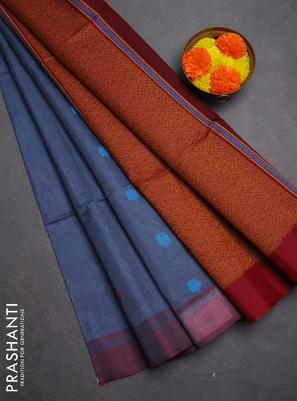 Kora silk cotton saree bluish grey and maroon with thread woven buttas and simple border