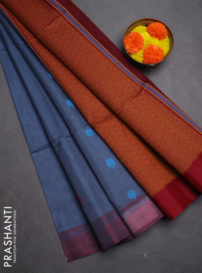 Kora silk cotton saree bluish grey and maroon with thread woven buttas and simple border