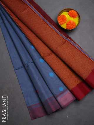 Kora silk cotton saree bluish grey and maroon with thread woven buttas and simple border
