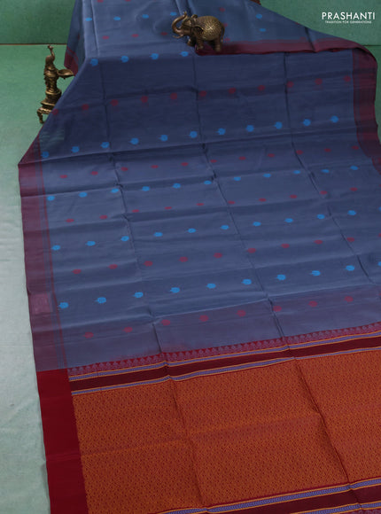 Kora silk cotton saree bluish grey and maroon with thread woven buttas and simple border