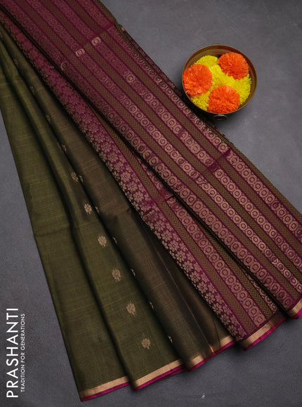 Kora silk cotton saree olive green and dark magenta pink with zari woven buttas and small zari woven piping border
