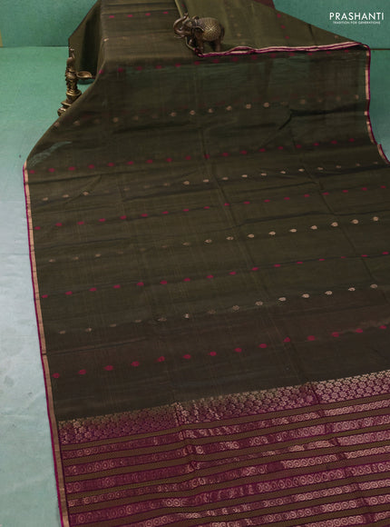 Kora silk cotton saree olive green and dark magenta pink with zari woven buttas and small zari woven piping border