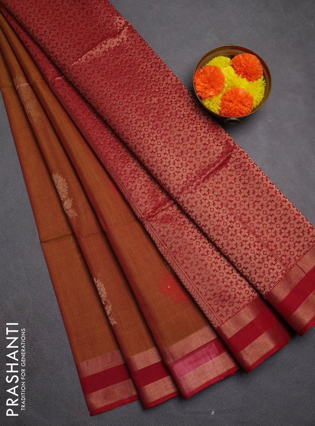 Kora silk cotton saree dark mustard and maroon with thread & zari woven buttas and rettapet zari woven border