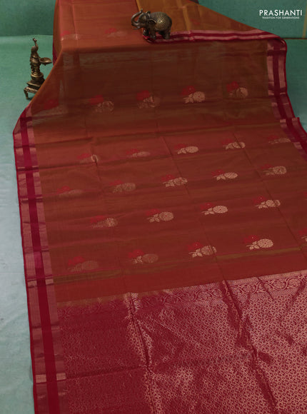 Kora silk cotton saree dark mustard and maroon with thread & zari woven buttas and rettapet zari woven border