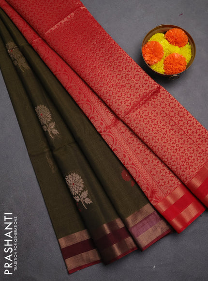 Kora silk cotton saree military green and maroon with thread & zari woven buttas and rettapet zari woven border