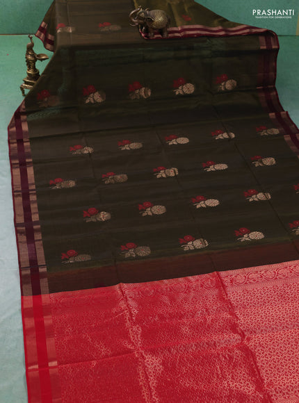 Kora silk cotton saree military green and maroon with thread & zari woven buttas and rettapet zari woven border
