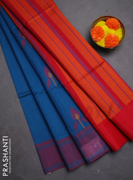 Kora silk cotton saree peacock blue and red with thread woven buttas and rettapet border