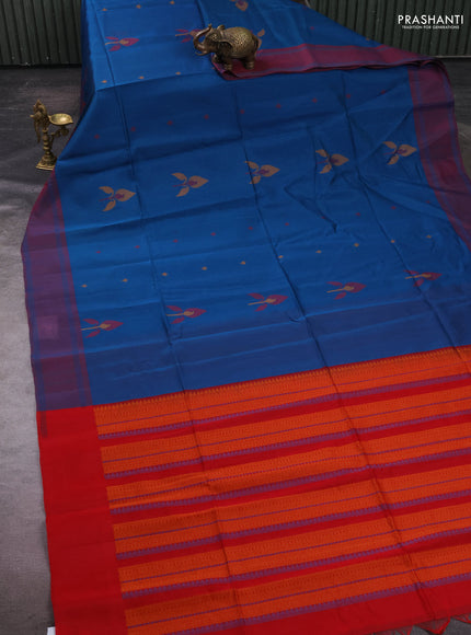 Kora silk cotton saree peacock blue and red with thread woven buttas and rettapet border