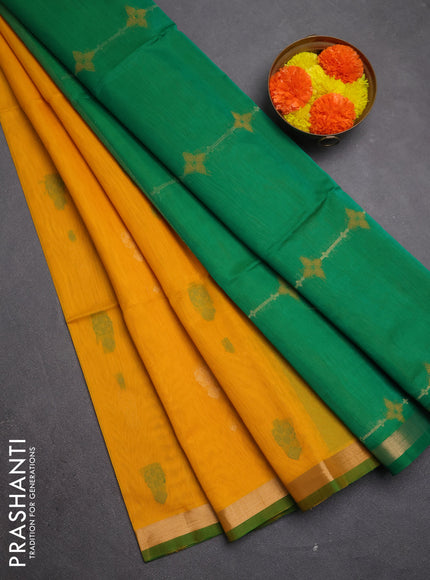 Kora silk cotton saree mustard yellow and green with allover thread & zari woven border and zari woven border