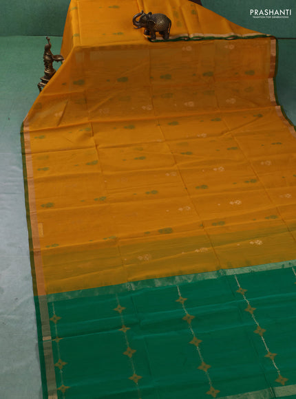 Kora silk cotton saree mustard yellow and green with allover thread & zari woven border and zari woven border