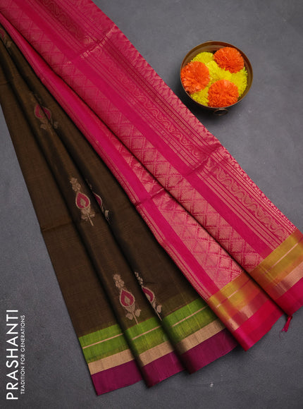 Kora silk cotton saree dark mustard and pink with allover thread & zari woven border and zari woven simple border
