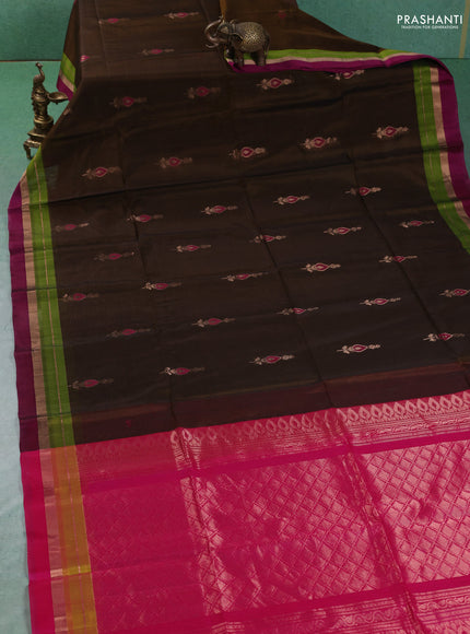 Kora silk cotton saree dark mustard and pink with allover thread & zari woven border and zari woven simple border