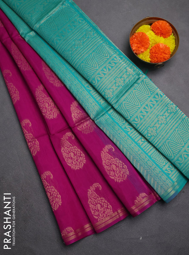 Kora silk cotton saree magenta pink and teal green with paisley zari woven buttas and zari woven border