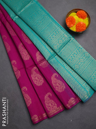 Kora silk cotton saree magenta pink and teal green with paisley zari woven buttas and zari woven border