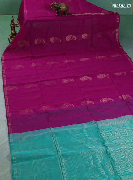 Kora silk cotton saree magenta pink and teal green with paisley zari woven buttas and zari woven border