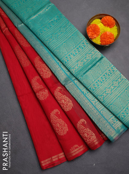 Kora silk cotton saree red and teal green with paisley zari woven buttas and zari woven border