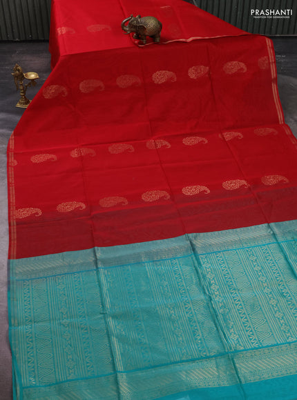 Kora silk cotton saree red and teal green with paisley zari woven buttas and zari woven border