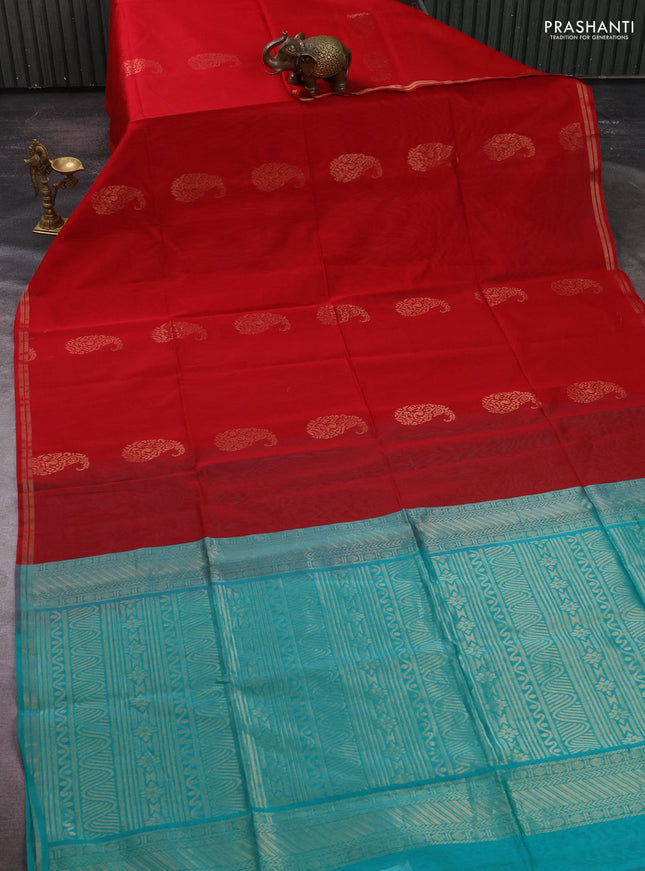 Kora silk cotton saree red and teal green with paisley zari woven buttas and zari woven border