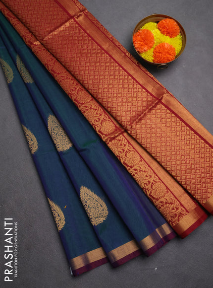 Kora silk cotton saree peacock green and maroon with zari woven buttas and zari woven border