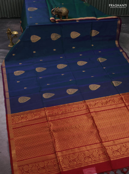 Kora silk cotton saree peacock green and maroon with zari woven buttas and zari woven border