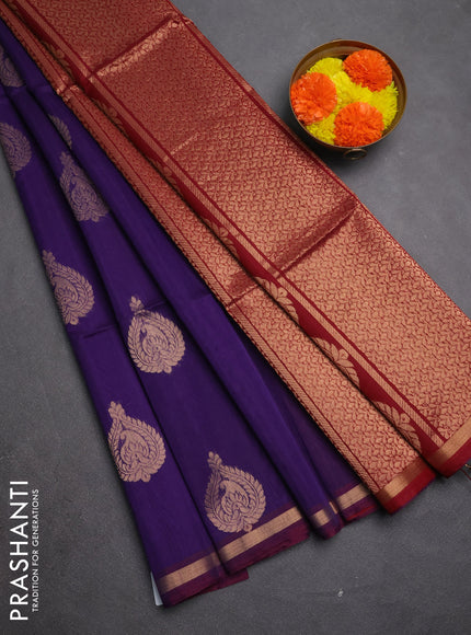 Kora silk cotton saree violet and maroon with zari woven buttas and zari woven border