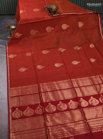 Kora silk cotton saree rust shade and maroon with zari woven buttas and zari woven border