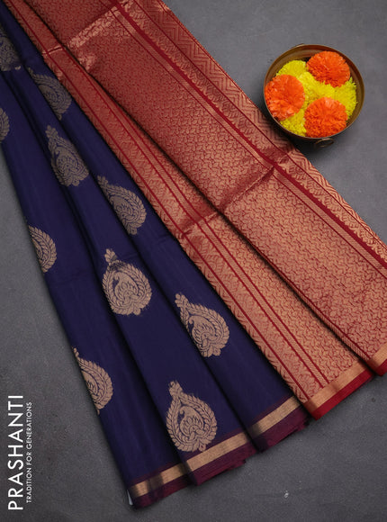 Kora silk cotton saree navy blue and maroon with zari woven buttas and zari woven border