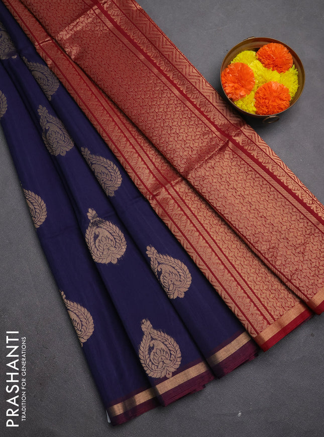 Kora silk cotton saree navy blue and maroon with zari woven buttas and zari woven border