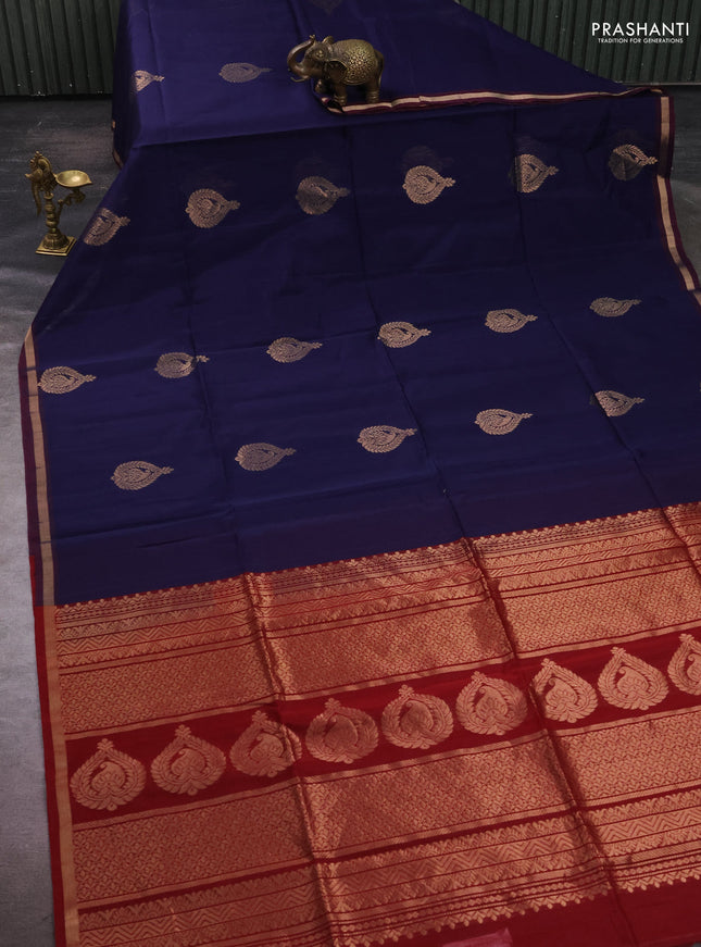 Kora silk cotton saree navy blue and maroon with zari woven buttas and zari woven border
