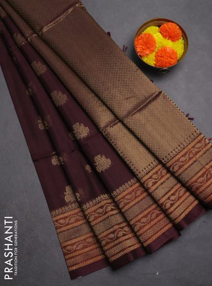 Kora silk cotton saree coffee brown with allover zari woven buttas and long zari woven border