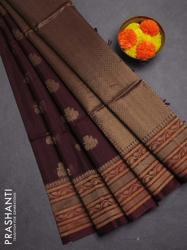 Kora silk cotton saree coffee brown with allover zari woven buttas and long zari woven border