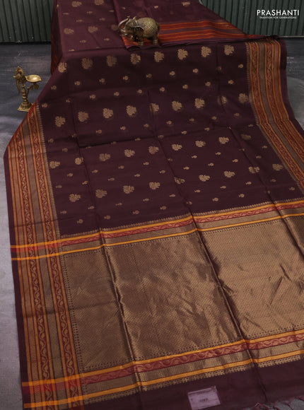 Kora silk cotton saree coffee brown with allover zari woven buttas and long zari woven border