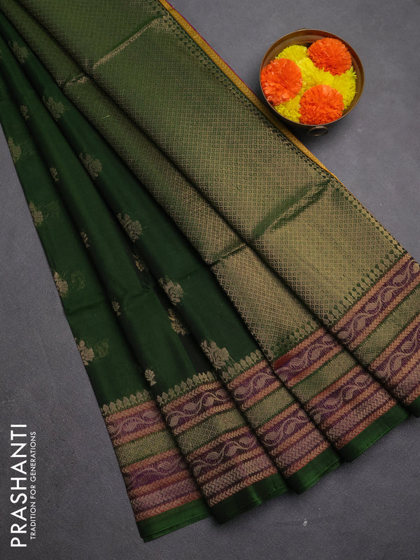 Kora silk cotton saree olive green with allover zari woven buttas and long zari woven border