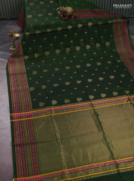 Kora silk cotton saree olive green with allover zari woven buttas and long zari woven border