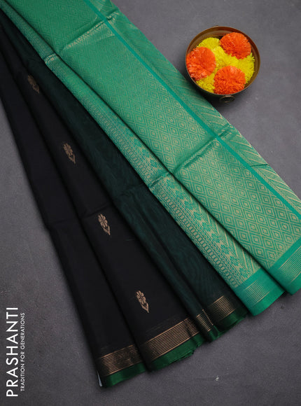 Kora silk cotton saree black and teal green with allover zari woven buttas and zari line border