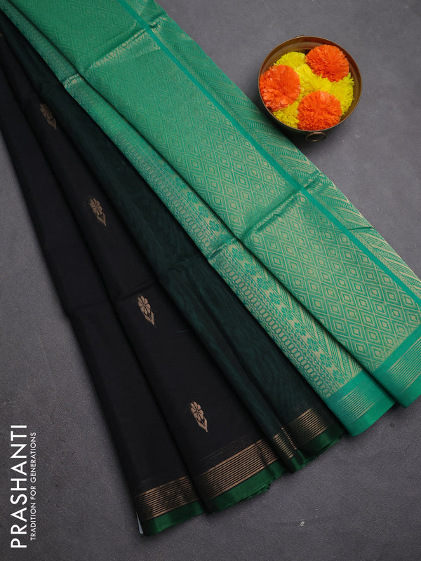 Kora silk cotton saree black and teal green with allover zari woven buttas and zari line border